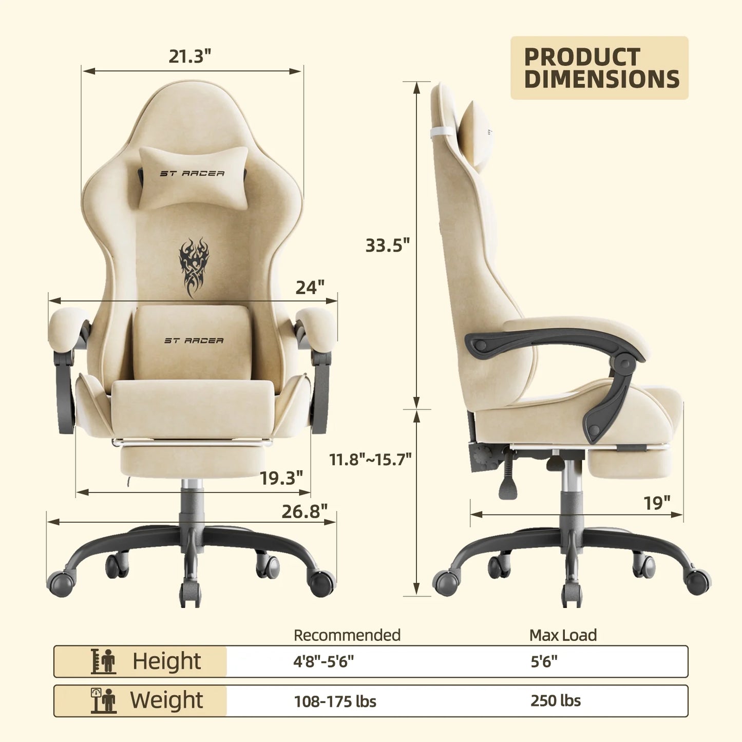 Velvet Fabric Gaming Chair with Footrest High Back Ergonomic Gamer Chair with Headrest and Massage Lumbar Cushion Racing Reclining Video Game Chair for Adults, Beige