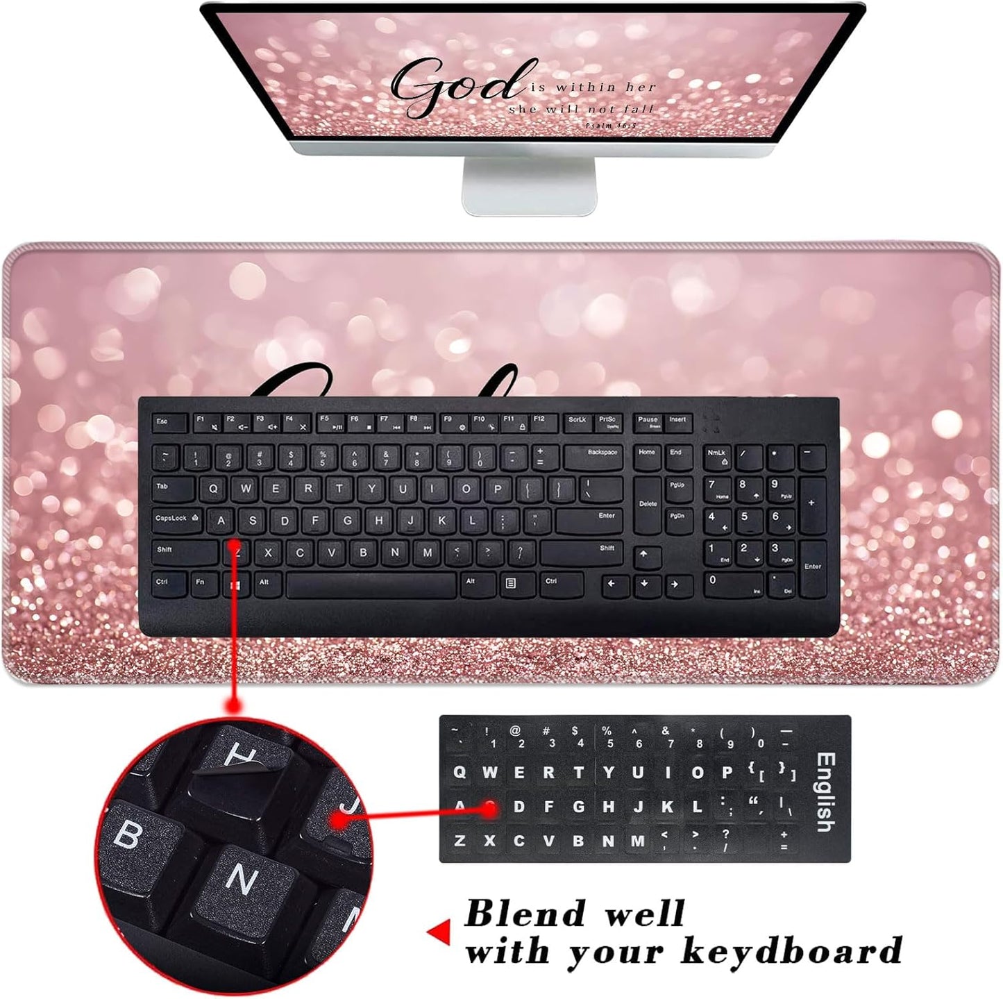 Keyboard Wrist Rest and Mouse Pad with Wrist Support Set Ergonomic Coaster,Memory Foam,Easy Typing Pain Relief,Large XL Desk Mat 31.5"X 11.8",Rose Gold Glitter Quote Bible Verse Psalm 46-5