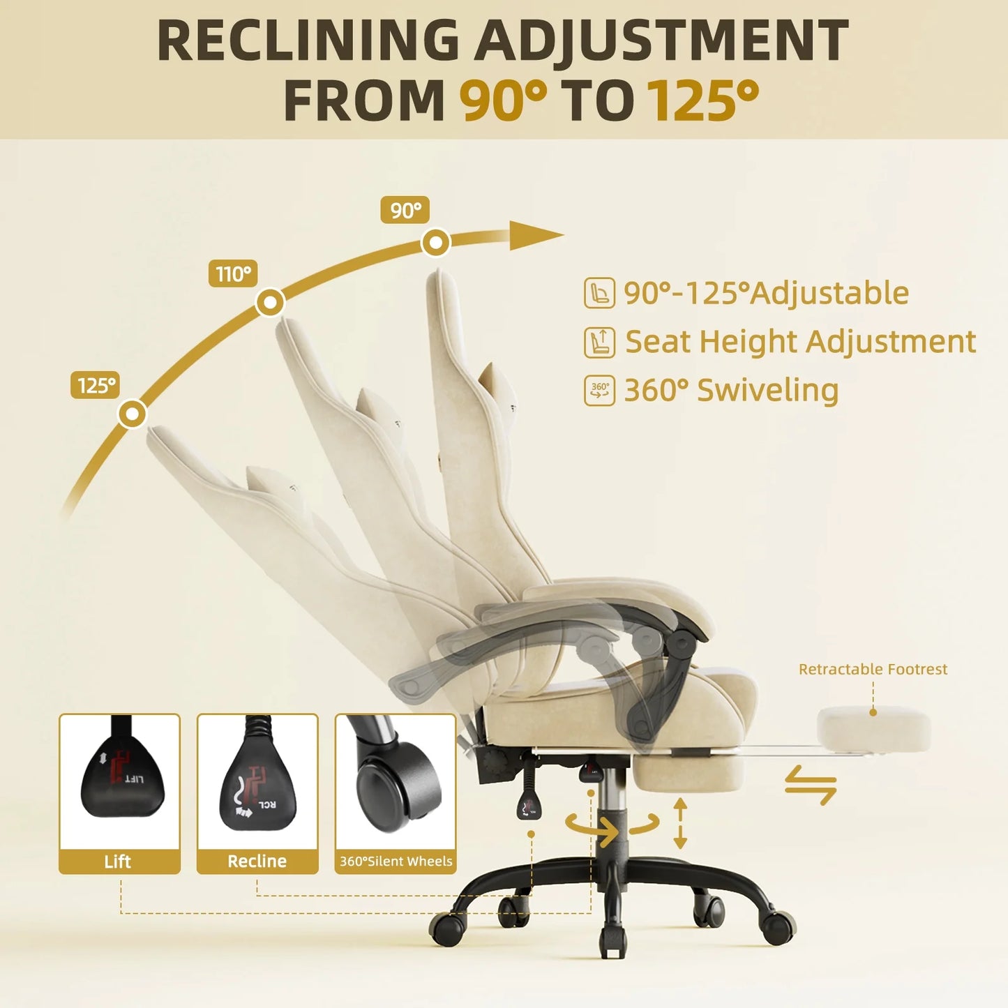 Velvet Fabric Gaming Chair with Footrest High Back Ergonomic Gamer Chair with Headrest and Massage Lumbar Cushion Racing Reclining Video Game Chair for Adults, Beige