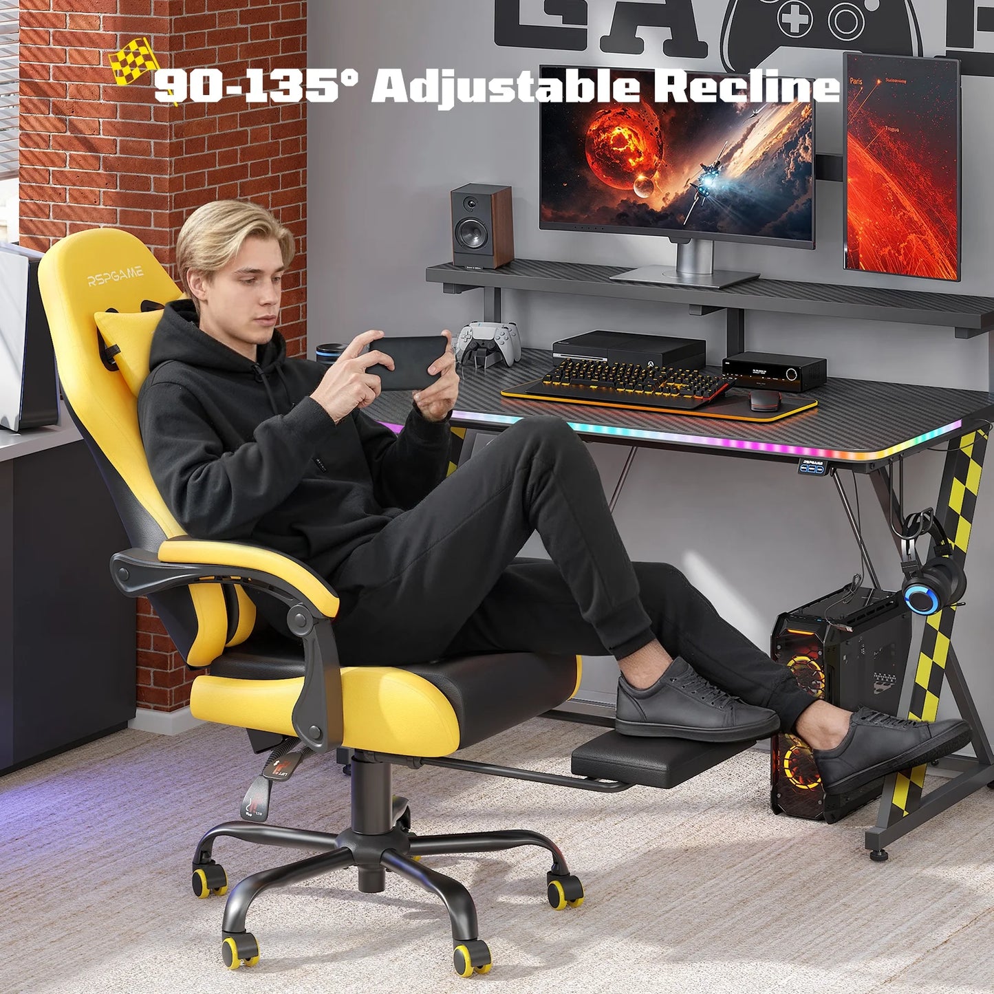 Ergonomic Gaming Chairs for Adults,Pocket Spring Cushion,Pu Leather Office Chairs with Lumbar Support and Retractable Footrest,Home and Office Computer Chairs-Yellow Racing