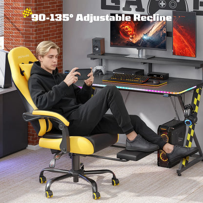 Ergonomic Gaming Chairs for Adults,Pocket Spring Cushion,Pu Leather Office Chairs with Lumbar Support and Retractable Footrest,Home and Office Computer Chairs-Yellow Racing