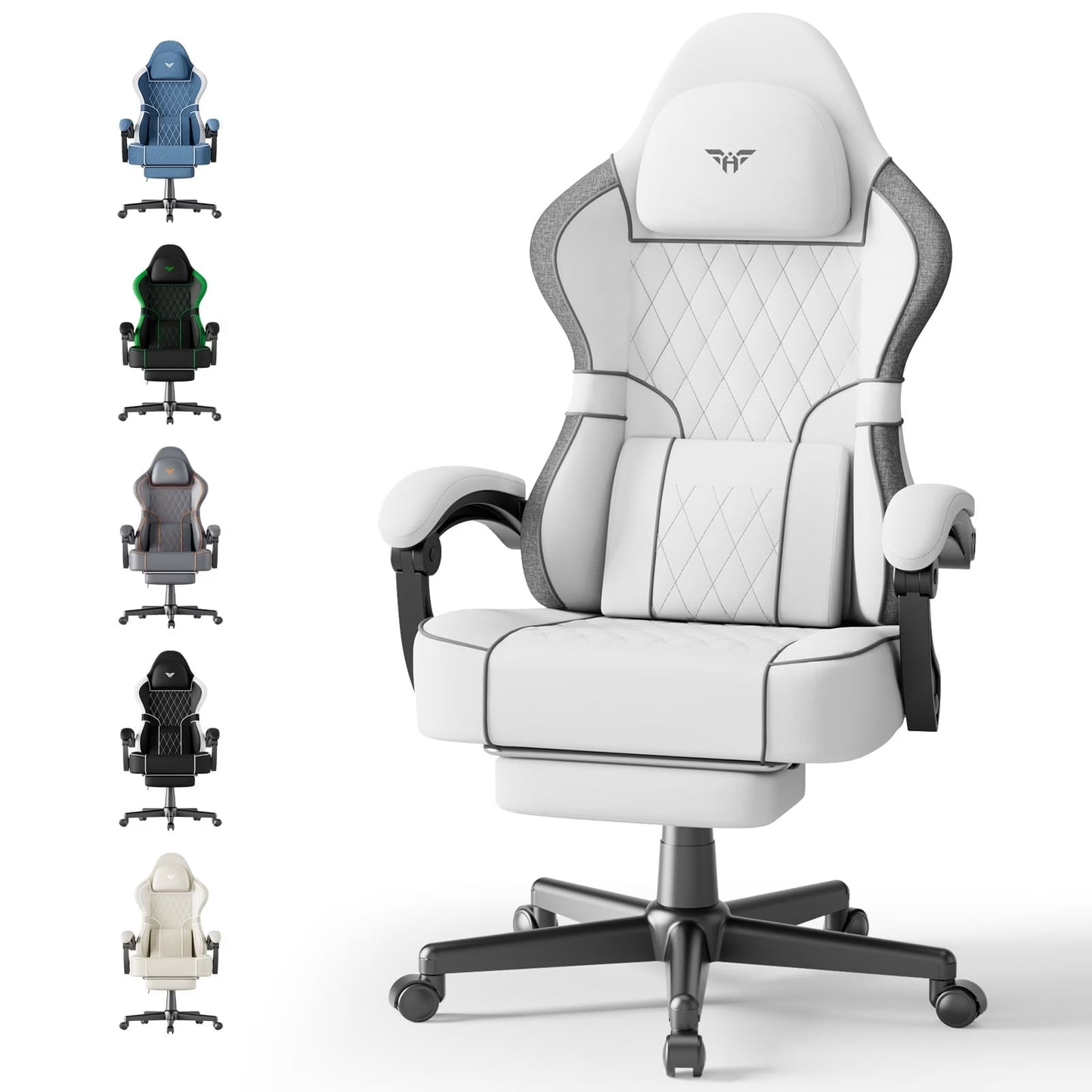 Gaming Chair with Footrest Linen Fabric High Back Ergonomic Gamer Chair with Headrest and Massage Lumbar Cushion Racing Office Computer Video Game Chair for Adults, White