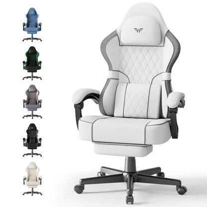 Gaming Chair with Footrest Linen Fabric High Back Ergonomic Gamer Chair with Headrest and Massage Lumbar Cushion Racing Office Computer Video Game Chair for Adults, White