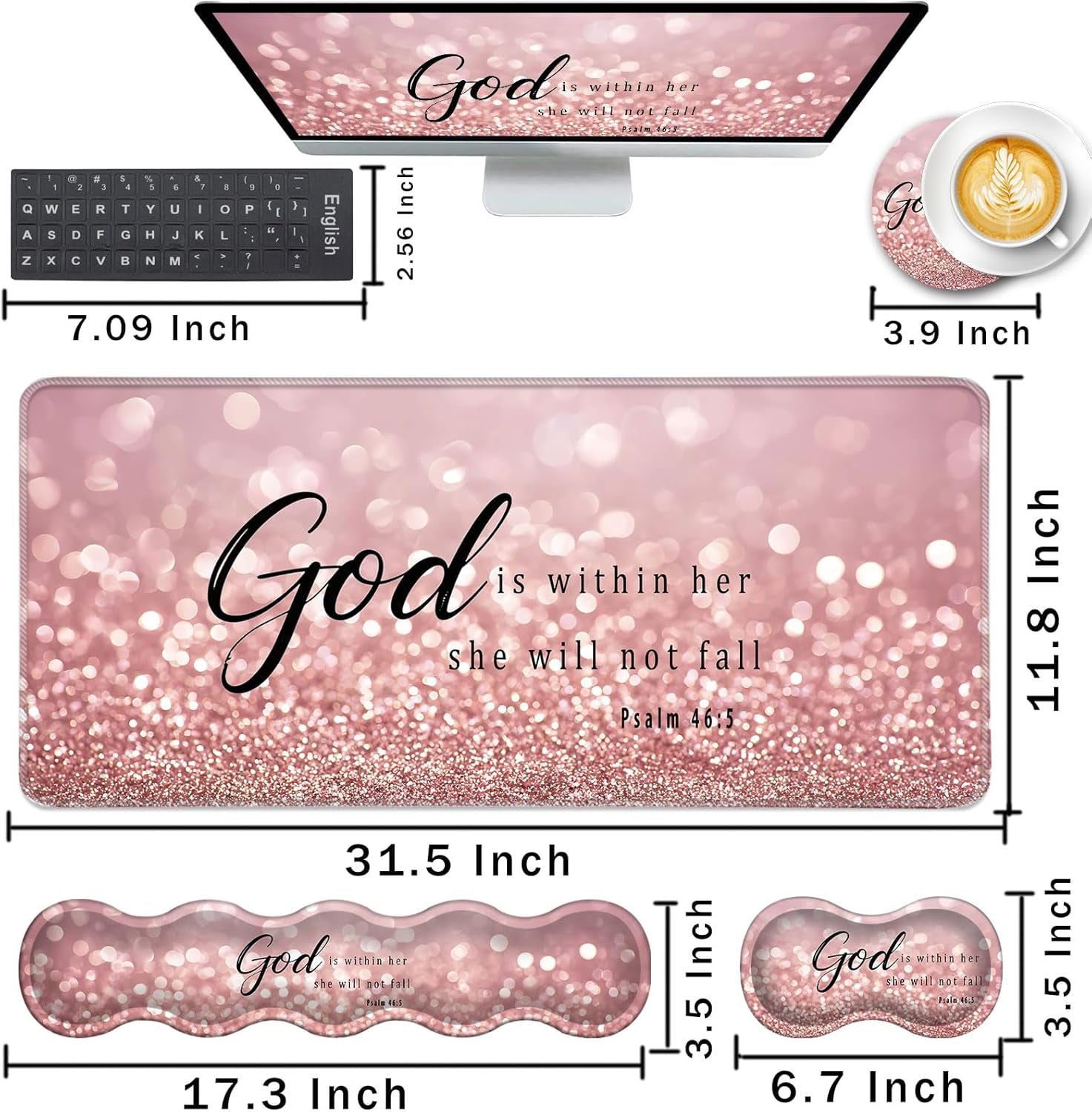 Keyboard Wrist Rest and Mouse Pad with Wrist Support Set Ergonomic Coaster,Memory Foam,Easy Typing Pain Relief,Large XL Desk Mat 31.5"X 11.8",Rose Gold Glitter Quote Bible Verse Psalm 46-5