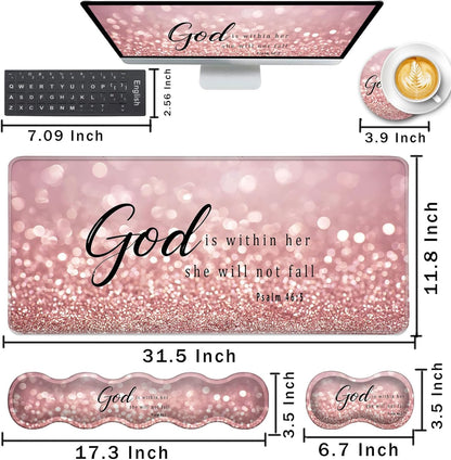 Keyboard Wrist Rest and Mouse Pad with Wrist Support Set Ergonomic Coaster,Memory Foam,Easy Typing Pain Relief,Large XL Desk Mat 31.5"X 11.8",Rose Gold Glitter Quote Bible Verse Psalm 46-5