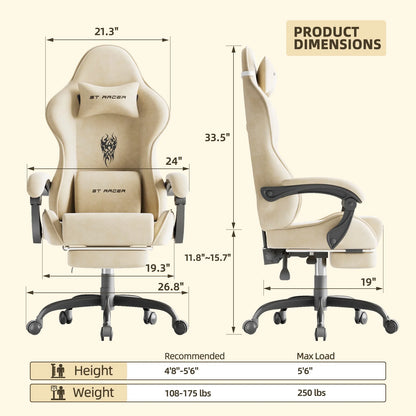 Velvet Fabric Gaming Chair with Footrest High Back Ergonomic Gamer Chair with Headrest and Massage Lumbar Cushion Racing Reclining Video Game Chair for Adults, Beige