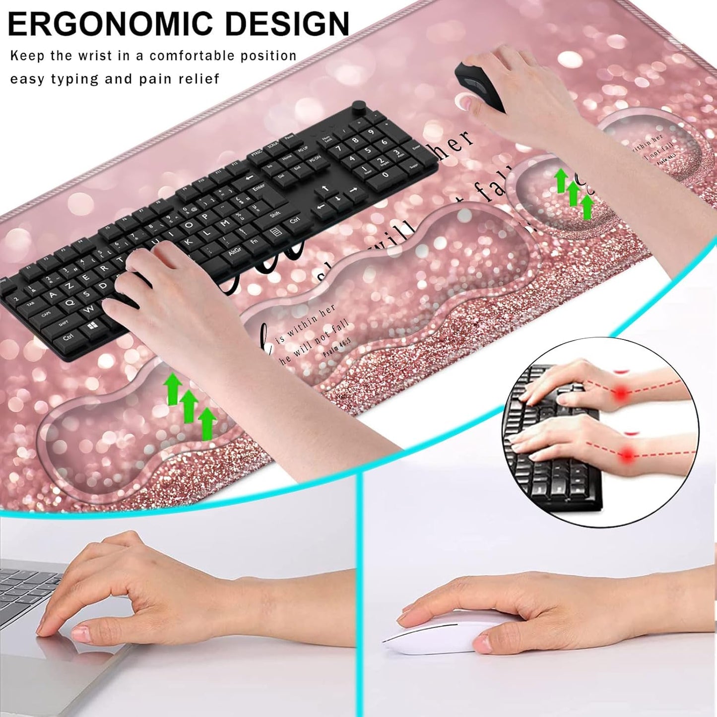 Keyboard Wrist Rest and Mouse Pad with Wrist Support Set Ergonomic Coaster,Memory Foam,Easy Typing Pain Relief,Large XL Desk Mat 31.5"X 11.8",Rose Gold Glitter Quote Bible Verse Psalm 46-5