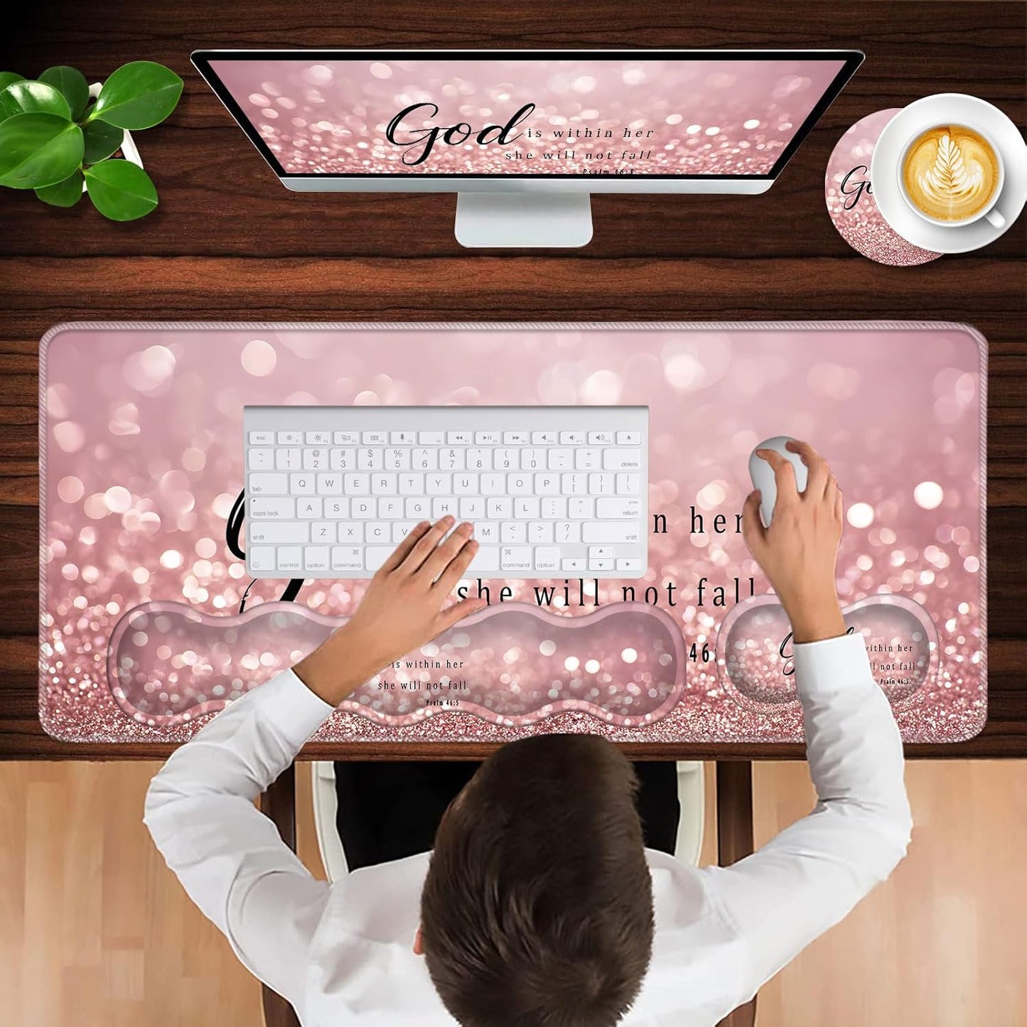 Keyboard Wrist Rest and Mouse Pad with Wrist Support Set Ergonomic Coaster,Memory Foam,Easy Typing Pain Relief,Large XL Desk Mat 31.5"X 11.8",Rose Gold Glitter Quote Bible Verse Psalm 46-5