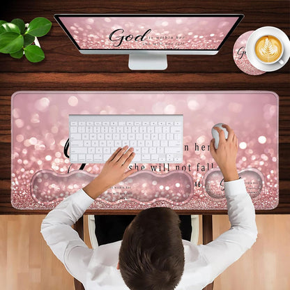 Keyboard Wrist Rest and Mouse Pad with Wrist Support Set Ergonomic Coaster,Memory Foam,Easy Typing Pain Relief,Large XL Desk Mat 31.5"X 11.8",Rose Gold Glitter Quote Bible Verse Psalm 46-5