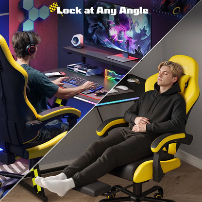 Ergonomic Gaming Chairs for Adults,Pocket Spring Cushion,Pu Leather Office Chairs with Lumbar Support and Retractable Footrest,Home and Office Computer Chairs-Yellow Racing