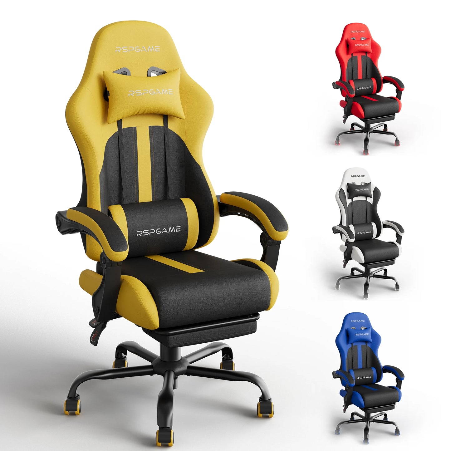Ergonomic Gaming Chairs for Adults,Pocket Spring Cushion,Pu Leather Office Chairs with Lumbar Support and Retractable Footrest,Home and Office Computer Chairs-Yellow Racing