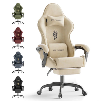 Velvet Fabric Gaming Chair with Footrest High Back Ergonomic Gamer Chair with Headrest and Massage Lumbar Cushion Racing Reclining Video Game Chair for Adults, Beige