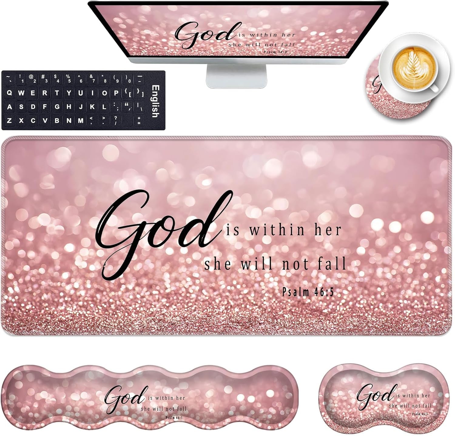 Keyboard Wrist Rest and Mouse Pad with Wrist Support Set Ergonomic Coaster,Memory Foam,Easy Typing Pain Relief,Large XL Desk Mat 31.5"X 11.8",Rose Gold Glitter Quote Bible Verse Psalm 46-5