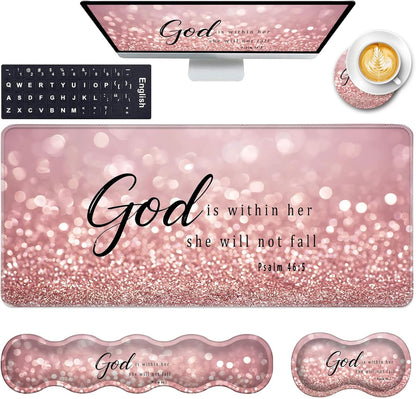 Keyboard Wrist Rest and Mouse Pad with Wrist Support Set Ergonomic Coaster,Memory Foam,Easy Typing Pain Relief,Large XL Desk Mat 31.5"X 11.8",Rose Gold Glitter Quote Bible Verse Psalm 46-5