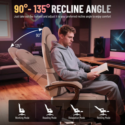 Gaming Chair with Footrest Linen Fabric High Back Ergonomic Gamer Chair with Headrest and Massage Lumbar Cushion Racing Office Computer Video Game Chair for Adults, White