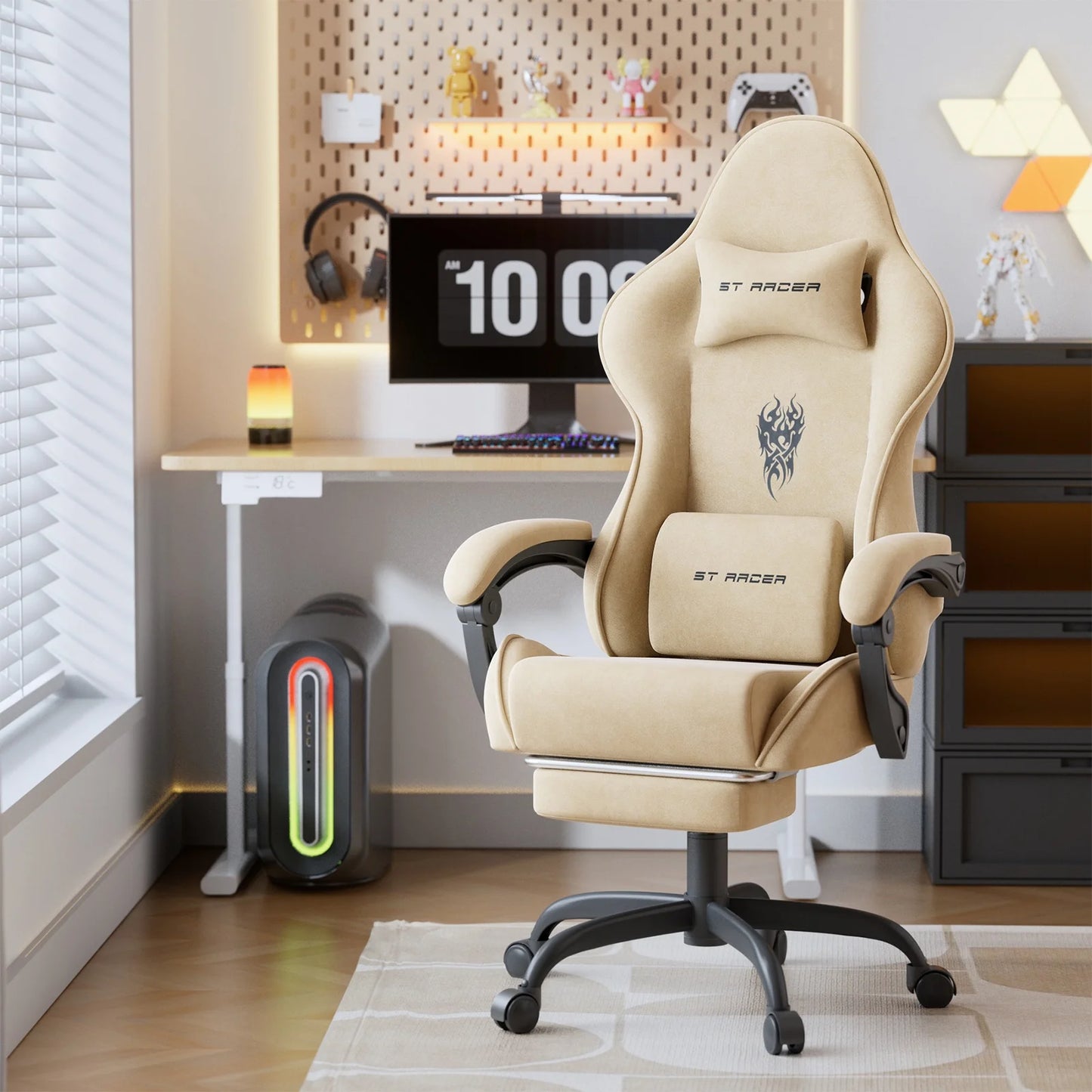 Velvet Fabric Gaming Chair with Footrest High Back Ergonomic Gamer Chair with Headrest and Massage Lumbar Cushion Racing Reclining Video Game Chair for Adults, Beige