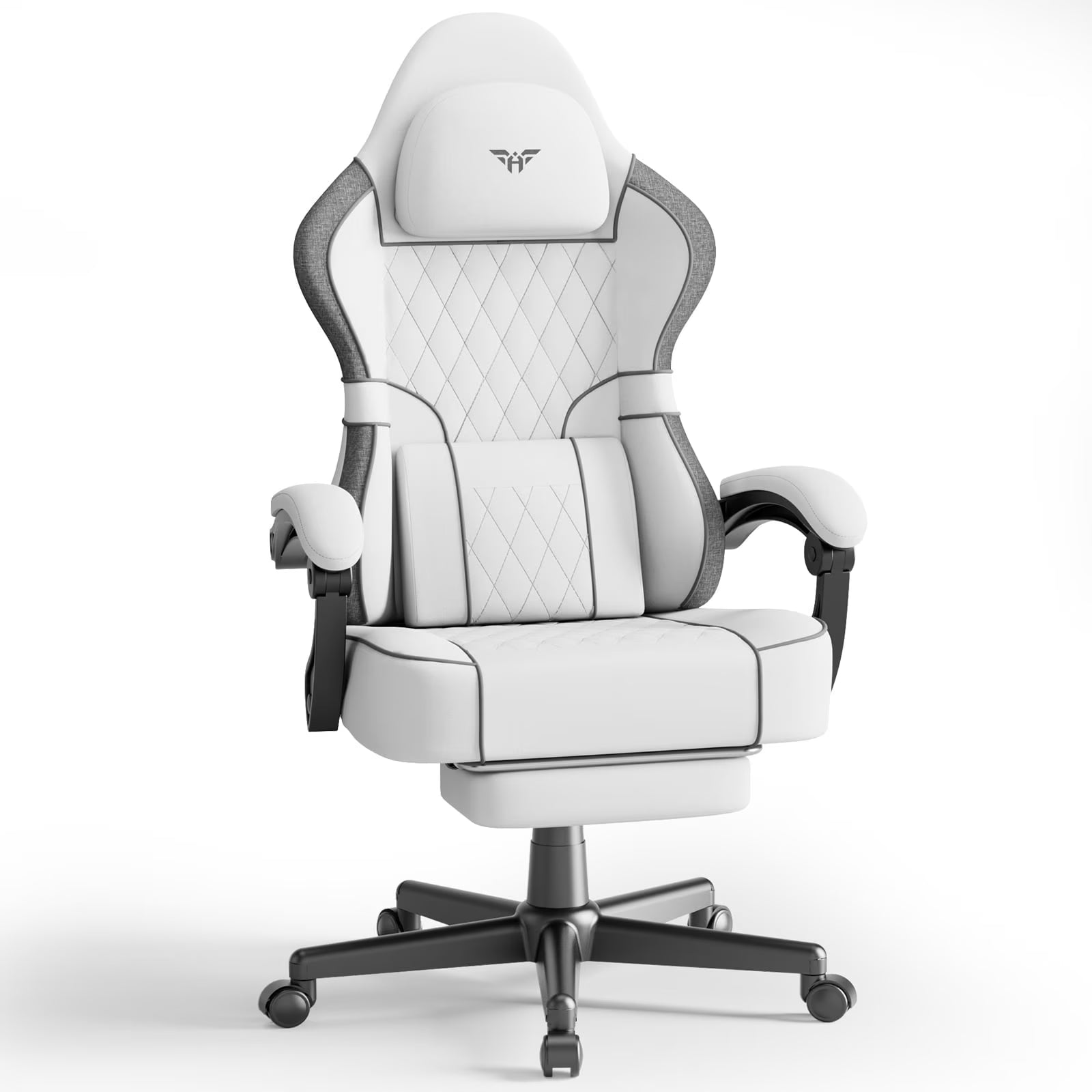 Gaming Chair with Footrest Linen Fabric High Back Ergonomic Gamer Chair with Headrest and Massage Lumbar Cushion Racing Office Computer Video Game Chair for Adults, White