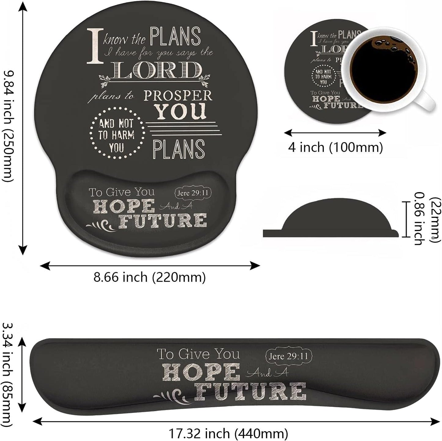Keyboard Wrist Rest and Mouse Pad Wrist Support Set with Coasters, Non-Slip PU Base, Easy Typing and Relieve Wrist Pain, Perfect for Home Office Working Studying, Quotes Bible Verse Jeremiah 29:11