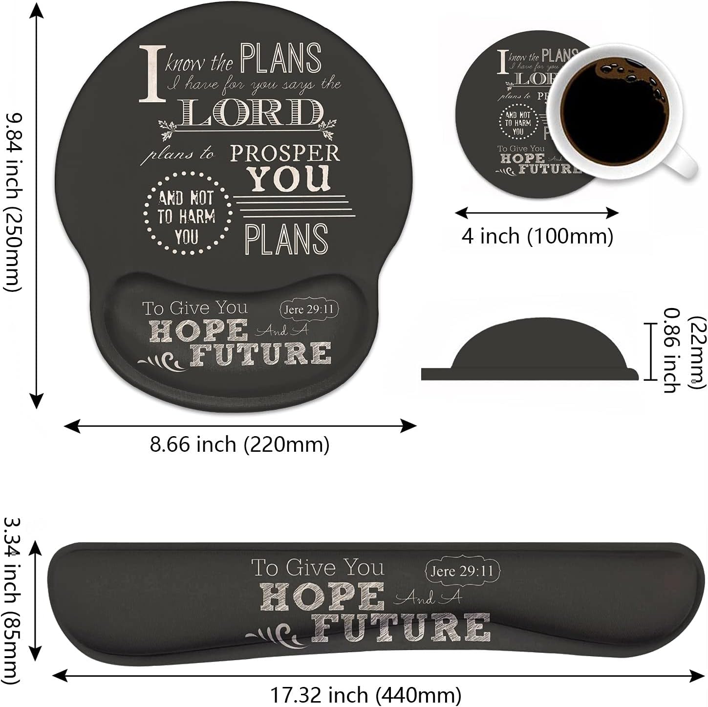 Keyboard Wrist Rest and Mouse Pad Wrist Support Set with Coasters, Non-Slip PU Base, Easy Typing and Relieve Wrist Pain, Perfect for Home Office Working Studying, Quotes Bible Verse Jeremiah 29:11