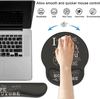 Keyboard Wrist Rest and Mouse Pad Wrist Support Set with Coasters, Non-Slip PU Base, Easy Typing and Relieve Wrist Pain, Perfect for Home Office Working Studying, Quotes Bible Verse Jeremiah 29:11