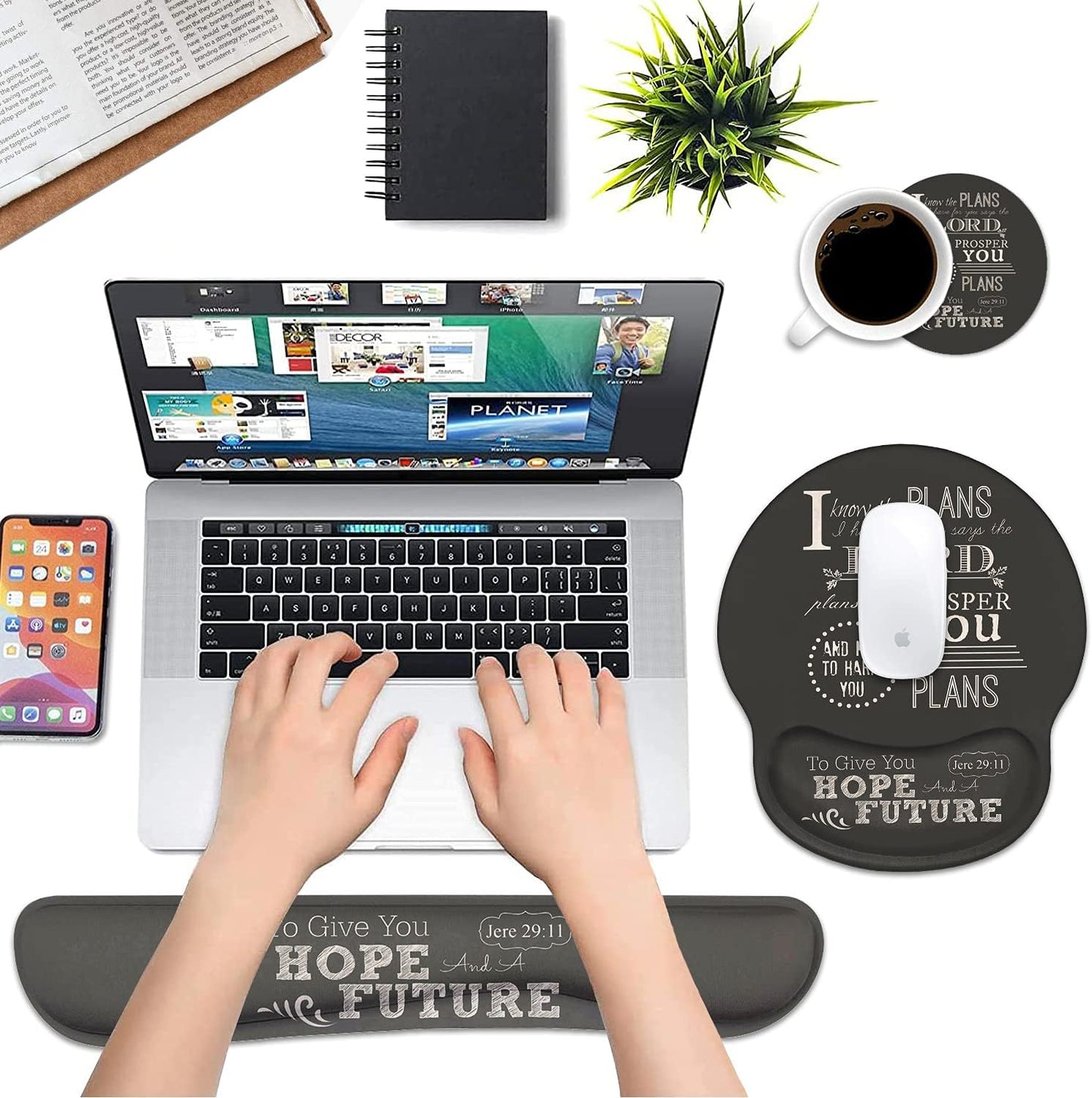 Keyboard Wrist Rest and Mouse Pad Wrist Support Set with Coasters, Non-Slip PU Base, Easy Typing and Relieve Wrist Pain, Perfect for Home Office Working Studying, Quotes Bible Verse Jeremiah 29:11