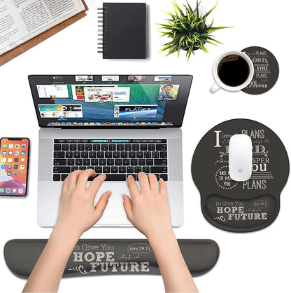 Keyboard Wrist Rest and Mouse Pad Wrist Support Set with Coasters, Non-Slip PU Base, Easy Typing and Relieve Wrist Pain, Perfect for Home Office Working Studying, Quotes Bible Verse Jeremiah 29:11