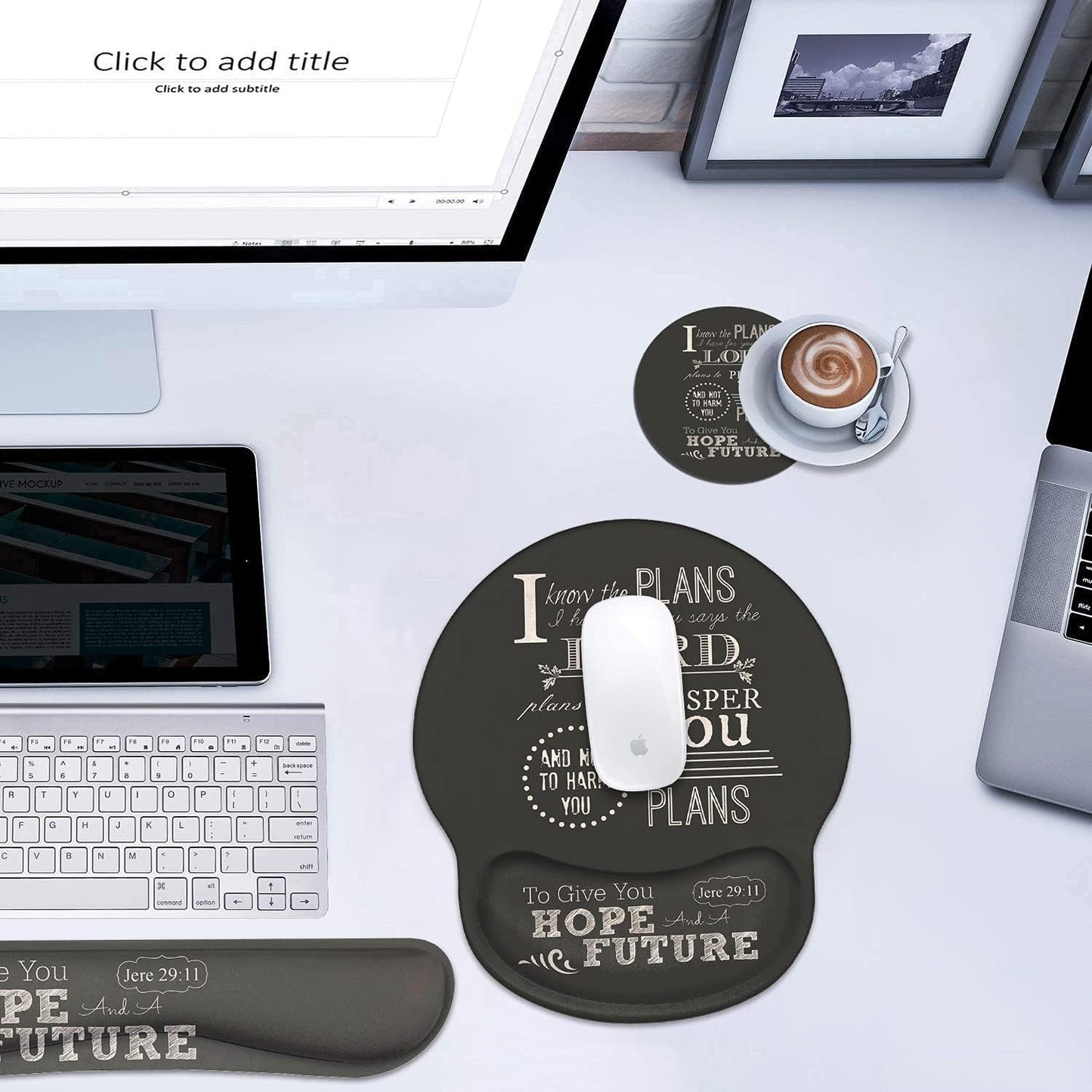 Keyboard Wrist Rest and Mouse Pad Wrist Support Set with Coasters, Non-Slip PU Base, Easy Typing and Relieve Wrist Pain, Perfect for Home Office Working Studying, Quotes Bible Verse Jeremiah 29:11
