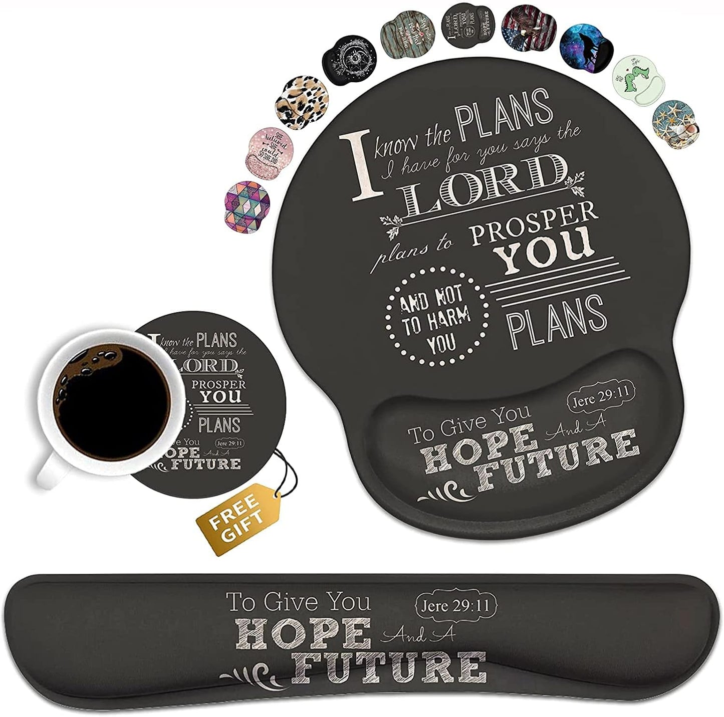 Keyboard Wrist Rest and Mouse Pad Wrist Support Set with Coasters, Non-Slip PU Base, Easy Typing and Relieve Wrist Pain, Perfect for Home Office Working Studying, Quotes Bible Verse Jeremiah 29:11