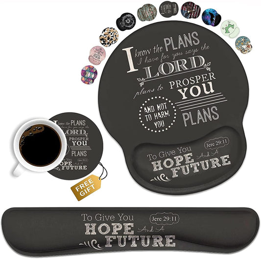 Keyboard Wrist Rest and Mouse Pad Wrist Support Set with Coasters, Non-Slip PU Base, Easy Typing and Relieve Wrist Pain, Perfect for Home Office Working Studying, Quotes Bible Verse Jeremiah 29:11