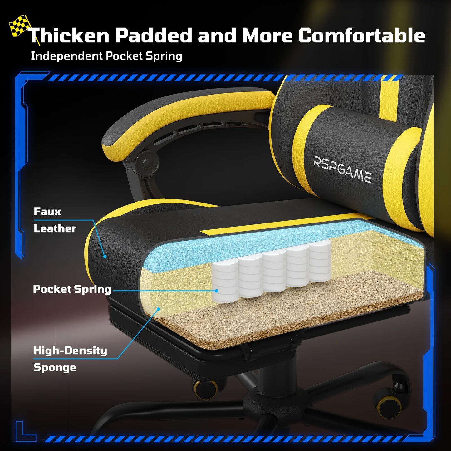 Ergonomic Gaming Chairs for Adults,Pocket Spring Cushion,Pu Leather Office Chairs with Lumbar Support and Retractable Footrest,Home and Office Computer Chairs-Yellow Racing
