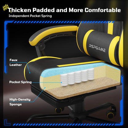 Ergonomic Gaming Chairs for Adults,Pocket Spring Cushion,Pu Leather Office Chairs with Lumbar Support and Retractable Footrest,Home and Office Computer Chairs-Yellow Racing