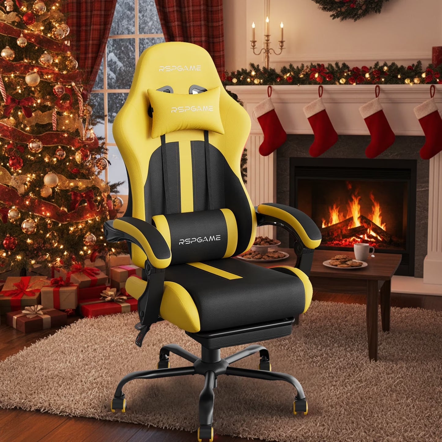 Ergonomic Gaming Chairs for Adults,Pocket Spring Cushion,Pu Leather Office Chairs with Lumbar Support and Retractable Footrest,Home and Office Computer Chairs-Yellow Racing