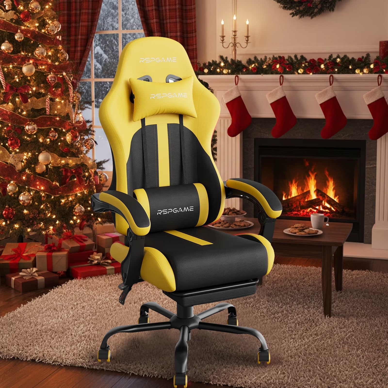 Ergonomic Gaming Chairs for Adults,Pocket Spring Cushion,Pu Leather Office Chairs with Lumbar Support and Retractable Footrest,Home and Office Computer Chairs-Yellow Racing