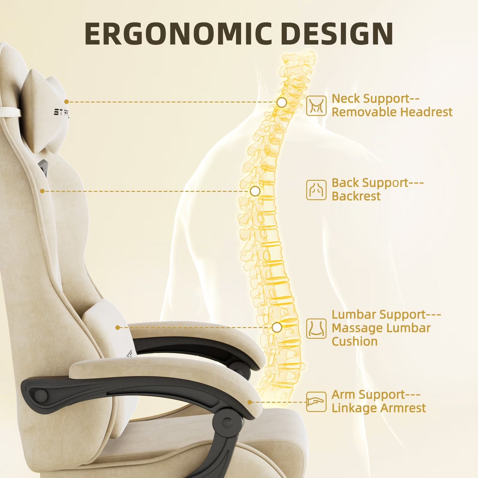 Velvet Fabric Gaming Chair with Footrest High Back Ergonomic Gamer Chair with Headrest and Massage Lumbar Cushion Racing Reclining Video Game Chair for Adults, Beige