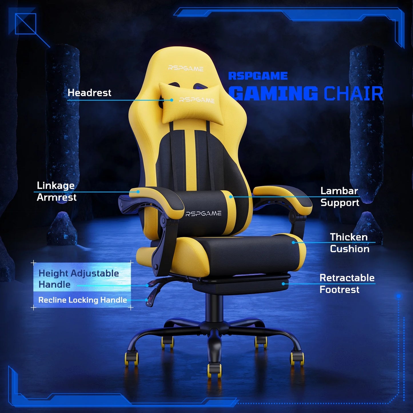 Ergonomic Gaming Chairs for Adults,Pocket Spring Cushion,Pu Leather Office Chairs with Lumbar Support and Retractable Footrest,Home and Office Computer Chairs-Yellow Racing