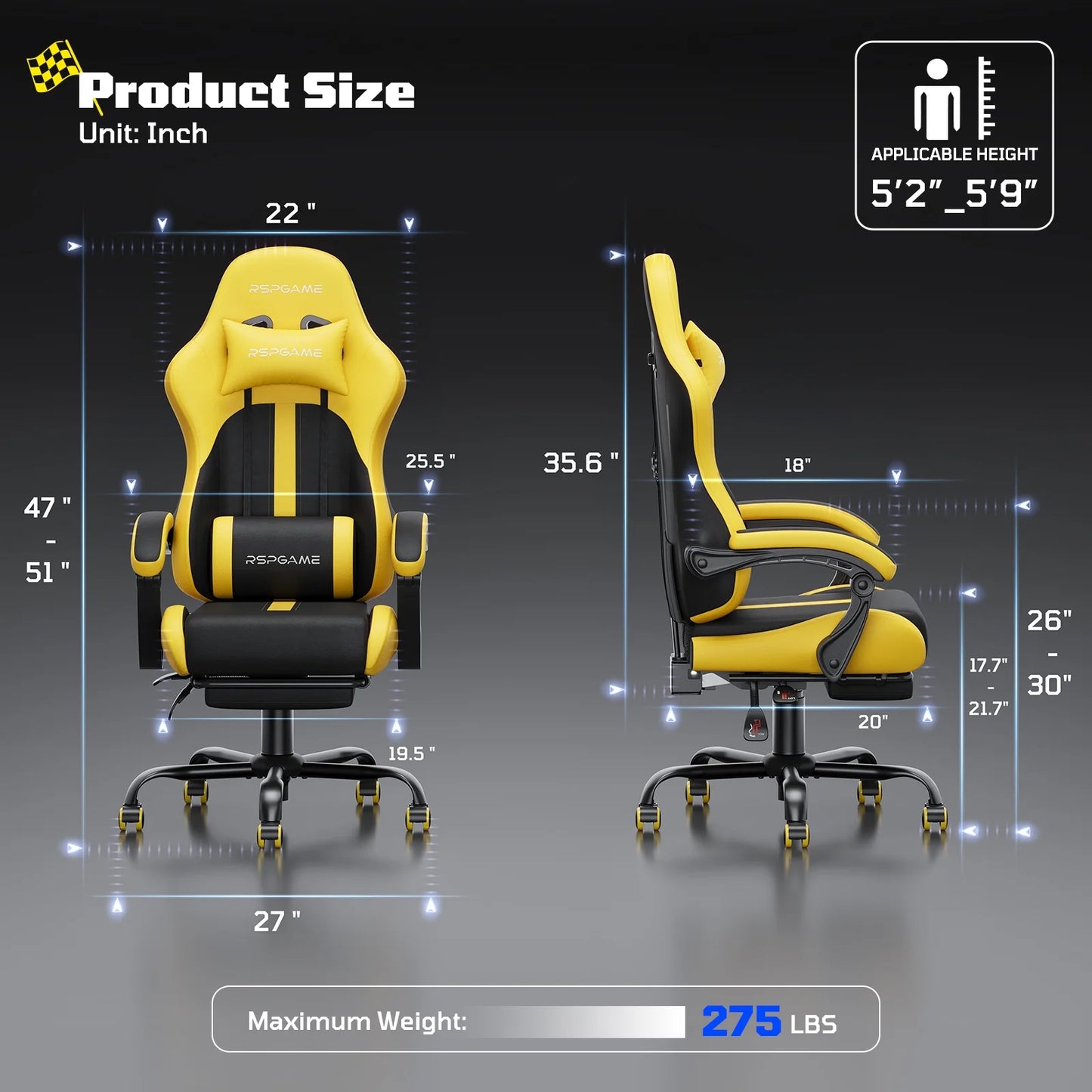 Ergonomic Gaming Chairs for Adults,Pocket Spring Cushion,Pu Leather Office Chairs with Lumbar Support and Retractable Footrest,Home and Office Computer Chairs-Yellow Racing