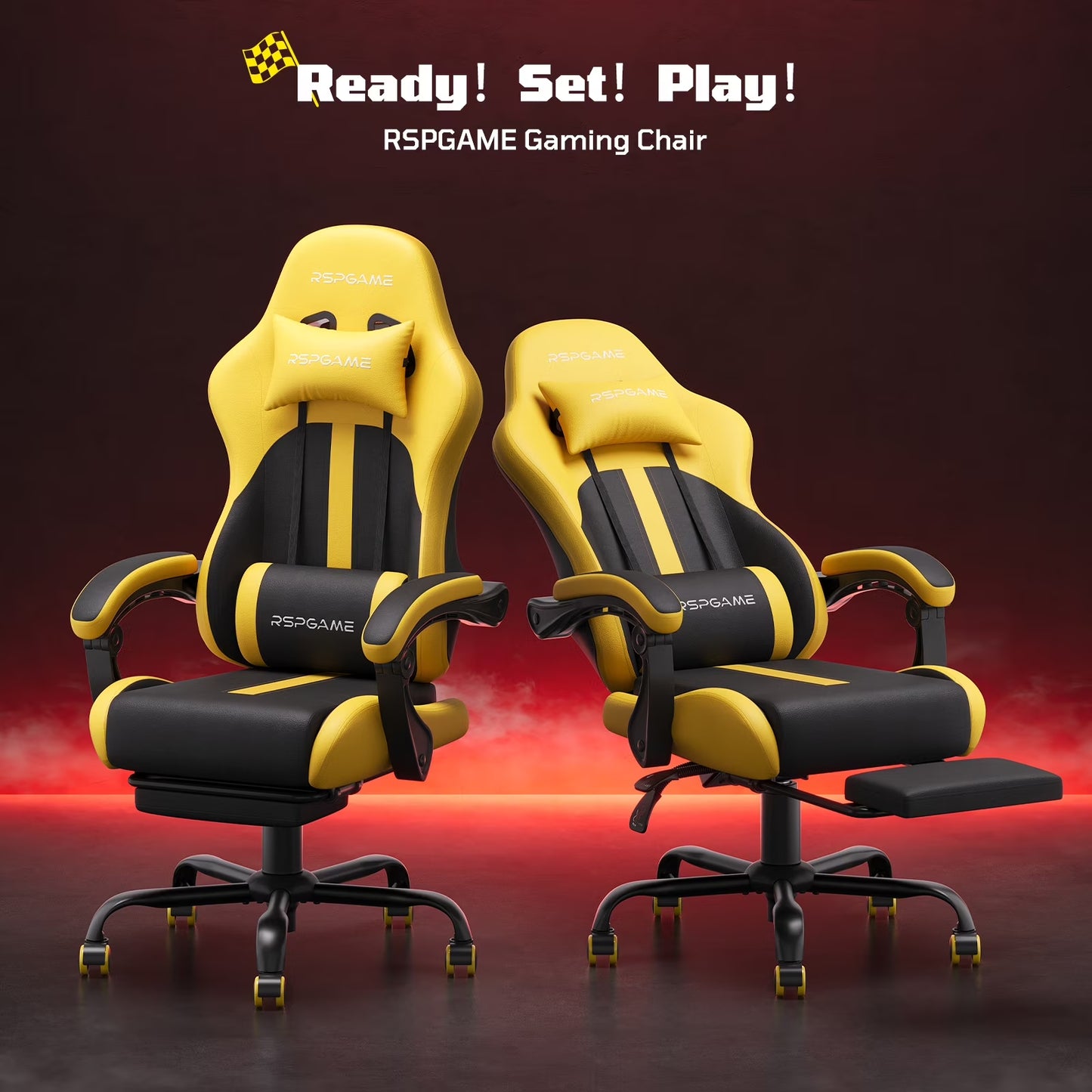 Ergonomic Gaming Chairs for Adults,Pocket Spring Cushion,Pu Leather Office Chairs with Lumbar Support and Retractable Footrest,Home and Office Computer Chairs-Yellow Racing