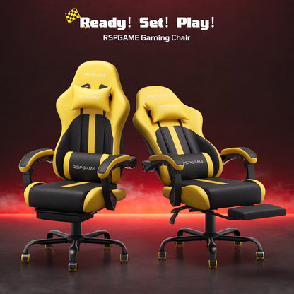 Ergonomic Gaming Chairs for Adults,Pocket Spring Cushion,Pu Leather Office Chairs with Lumbar Support and Retractable Footrest,Home and Office Computer Chairs-Yellow Racing