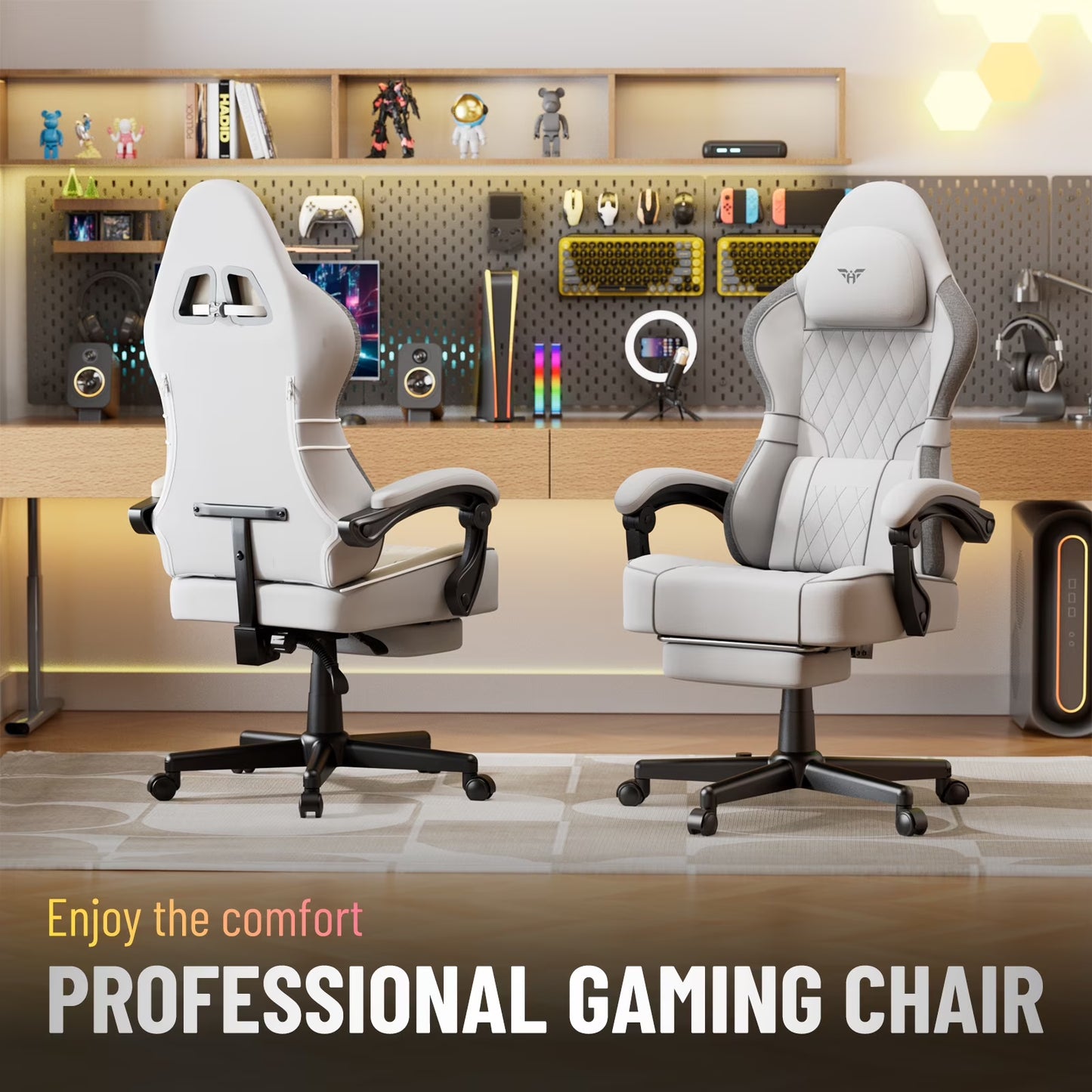 Gaming Chair with Footrest Linen Fabric High Back Ergonomic Gamer Chair with Headrest and Massage Lumbar Cushion Racing Office Computer Video Game Chair for Adults, White