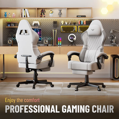 Gaming Chair with Footrest Linen Fabric High Back Ergonomic Gamer Chair with Headrest and Massage Lumbar Cushion Racing Office Computer Video Game Chair for Adults, White