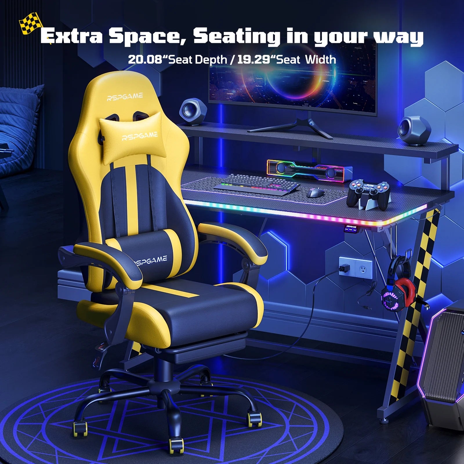 Ergonomic Gaming Chairs for Adults,Pocket Spring Cushion,Pu Leather Office Chairs with Lumbar Support and Retractable Footrest,Home and Office Computer Chairs-Yellow Racing