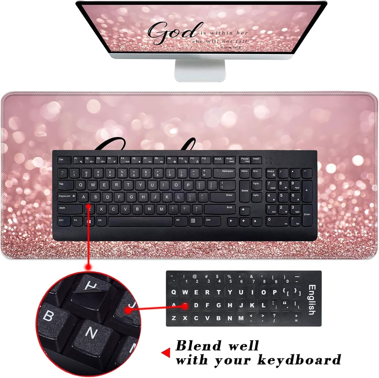 Keyboard Wrist Rest and Mouse Pad with Wrist Support Set Ergonomic Coaster,Memory Foam,Easy Typing Pain Relief,Large XL Desk Mat 31.5"X 11.8",Rose Gold Glitter Quote Bible Verse Psalm 46-5