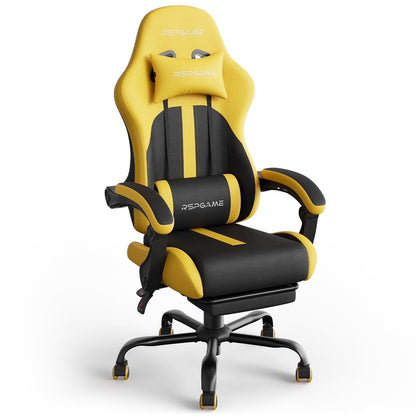 Ergonomic Gaming Chairs for Adults,Pocket Spring Cushion,Pu Leather Office Chairs with Lumbar Support and Retractable Footrest,Home and Office Computer Chairs-Yellow Racing